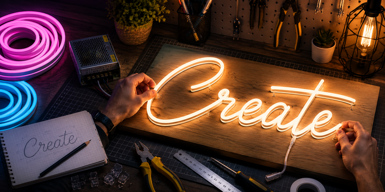 Person formt einen LED-Neon-Schlauch zu einem Schriftzug auf einer Holzplatte – DIY-Projekt