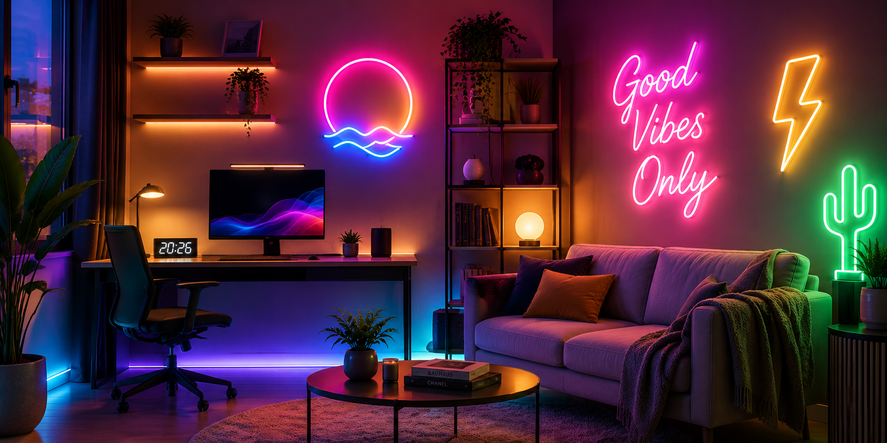 Moderne Wohnwand in warmem Neutralton mit einem einzelnen LED-Neon-Akzent in Trendfarbe 2026