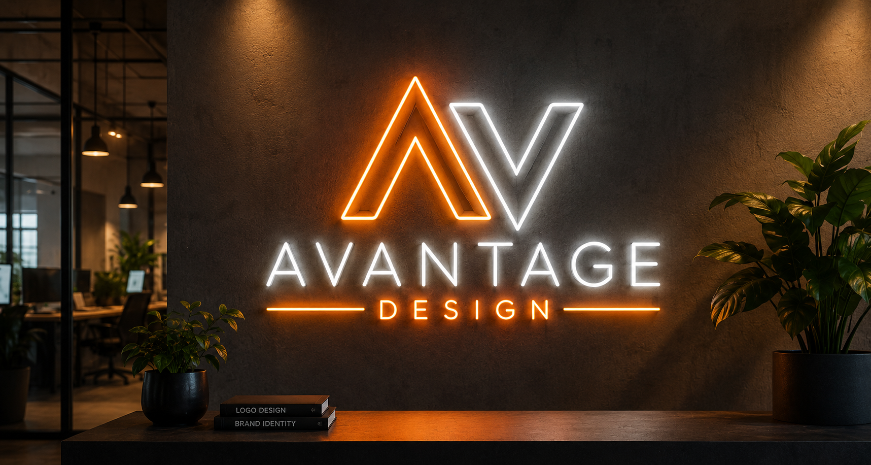 Firmenlogo als leuchtendes LED-Neon-Schild an einer Empfangswand im Büro